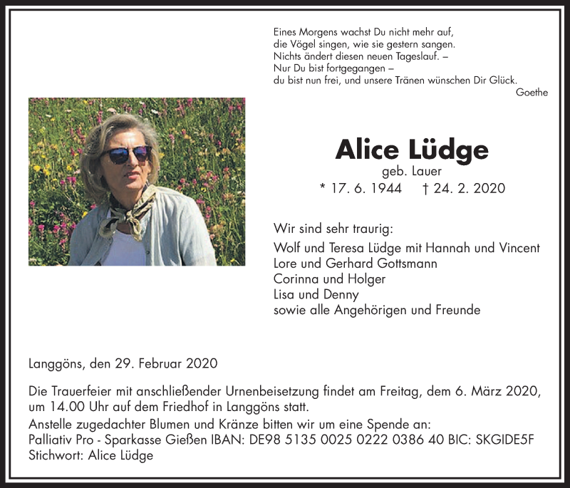  Traueranzeige für Alice Lüdge vom 29.02.2020 aus Giessener Allgemeine, Alsfelder Allgemeine