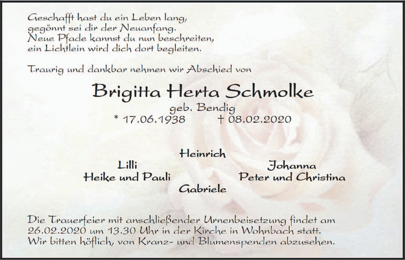  Traueranzeige für Brigitta Herta Schmolke vom 21.02.2020 aus Wetterauer Zeitung