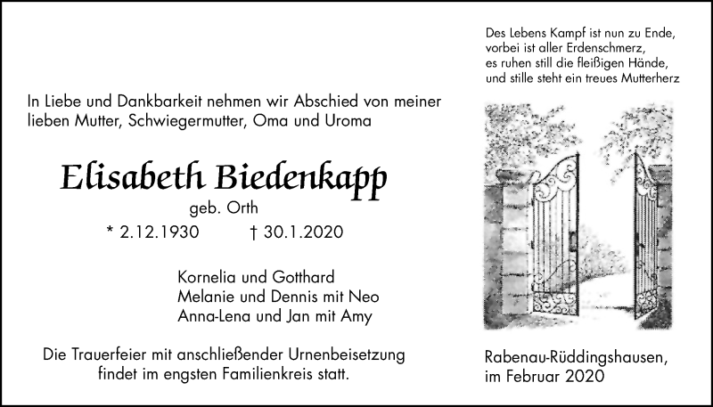  Traueranzeige für Elisabeth Biedenkapp vom 06.02.2020 aus Rabenauer Zeitung
