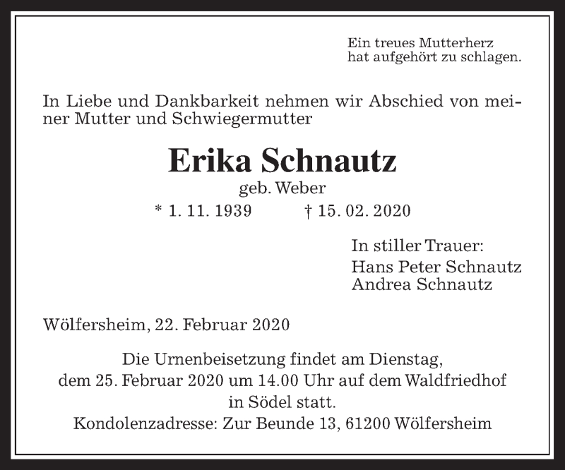  Traueranzeige für Erika Schnautz vom 22.02.2020 aus Wetterauer Zeitung, Alsfelder Allgemeine