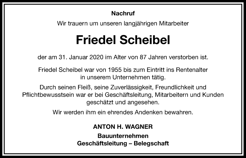  Traueranzeige für Friedel Scheibel vom 22.02.2020 aus Wetterauer Zeitung