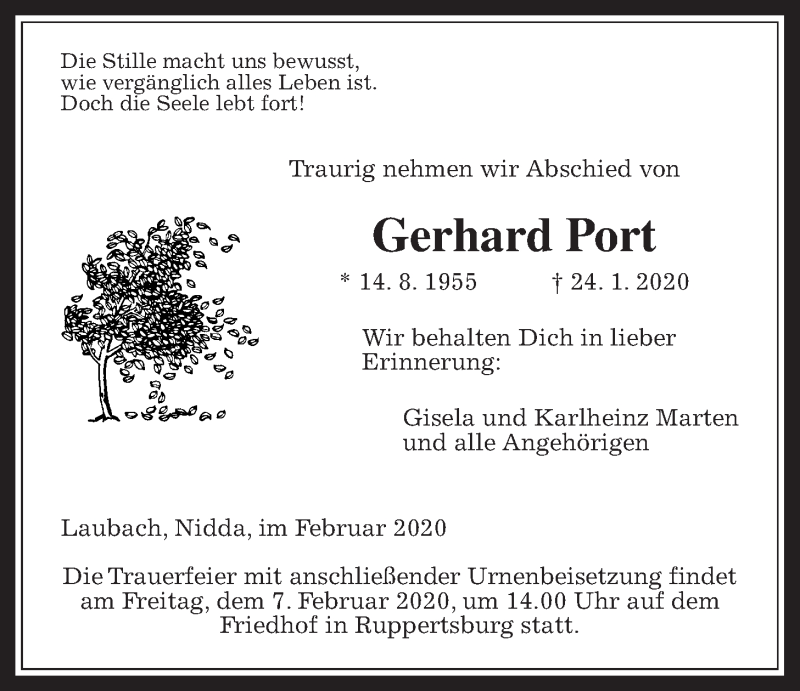  Traueranzeige für Gerhard Port vom 01.02.2020 aus Giessener Allgemeine, Alsfelder Allgemeine