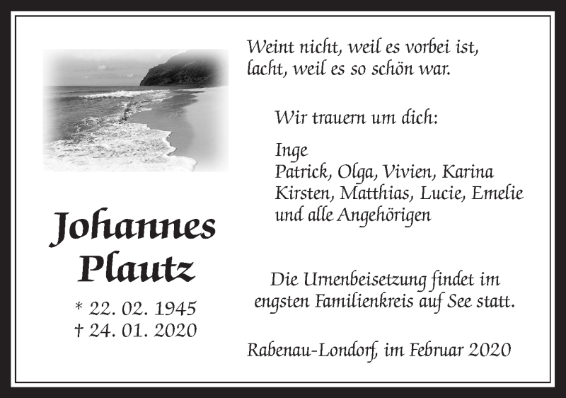 Traueranzeige für Johannes Plautz vom 01.02.2020 aus Giessener Allgemeine, Alsfelder Allgemeine