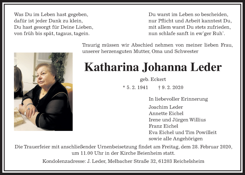  Traueranzeige für Katharina Johanna Leder vom 15.02.2020 aus Wetterauer Zeitung