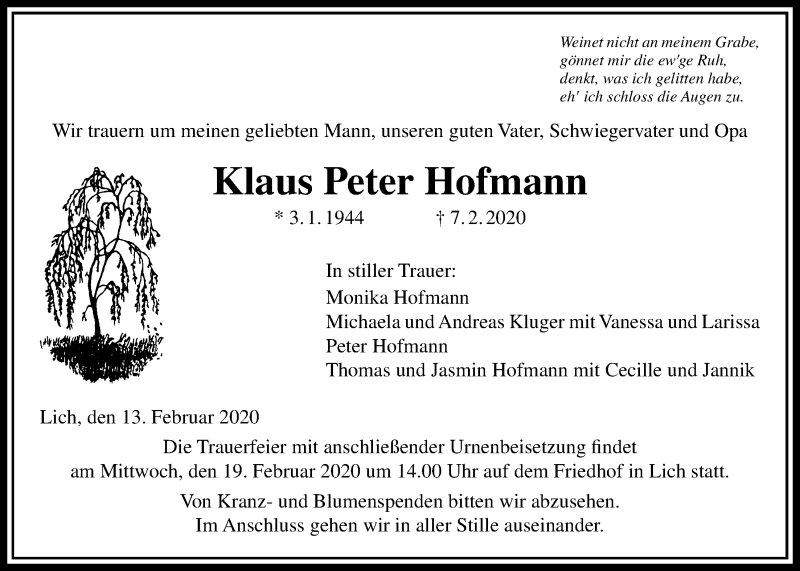  Traueranzeige für Klaus Peter Hofmann vom 13.02.2020 aus Licher Wochenblatt