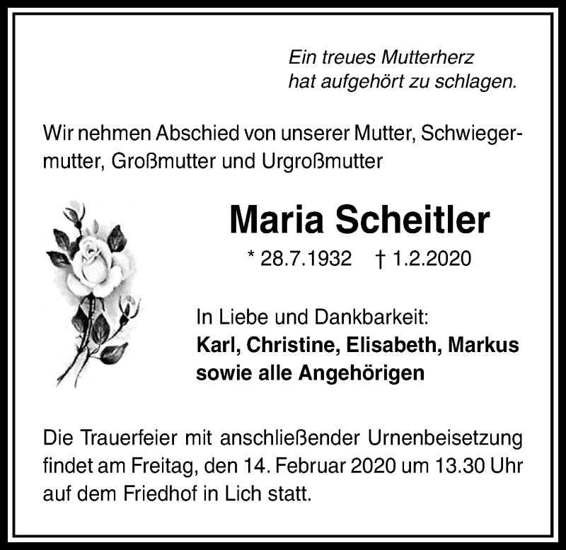  Traueranzeige für Maria Scheitler vom 06.02.2020 aus Licher Wochenblatt