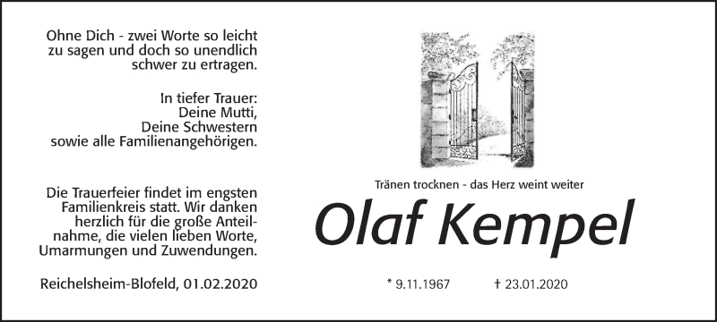  Traueranzeige für Olaf Kempel vom 01.02.2020 aus Wetterauer Zeitung
