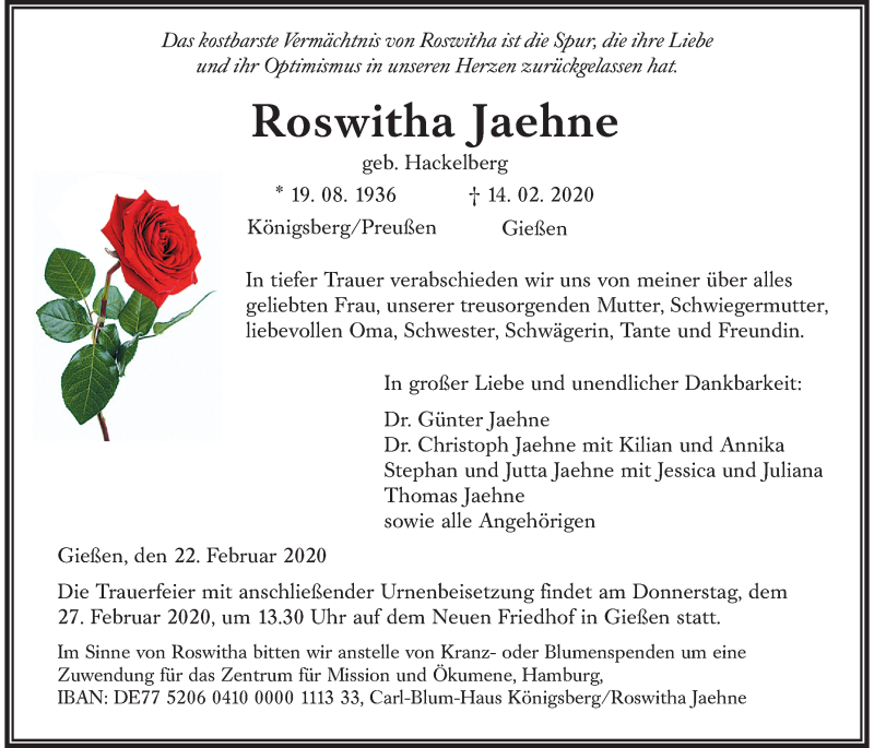  Traueranzeige für Roswitha Jaehne vom 22.02.2020 aus Giessener Allgemeine, Alsfelder Allgemeine