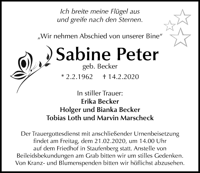  Traueranzeige für Sabine Peter vom 20.02.2020 aus Giessener Allgemeine, Alsfelder Allgemeine