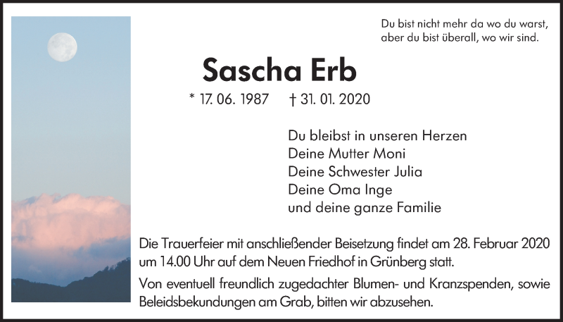  Traueranzeige für Sascha Erb vom 22.02.2020 aus Giessener Allgemeine, Alsfelder Allgemeine