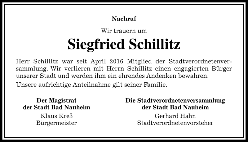  Traueranzeige für Siegfried Schillitz vom 01.02.2020 aus Wetterauer Zeitung