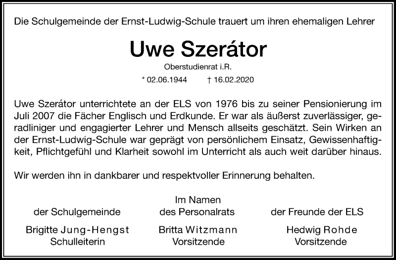  Traueranzeige für Uwe Szerator vom 22.02.2020 aus Wetterauer Zeitung