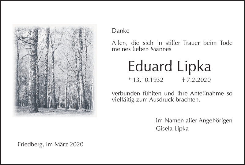  Traueranzeige für Eduard Lipka vom 31.03.2020 aus Wetterauer Zeitung