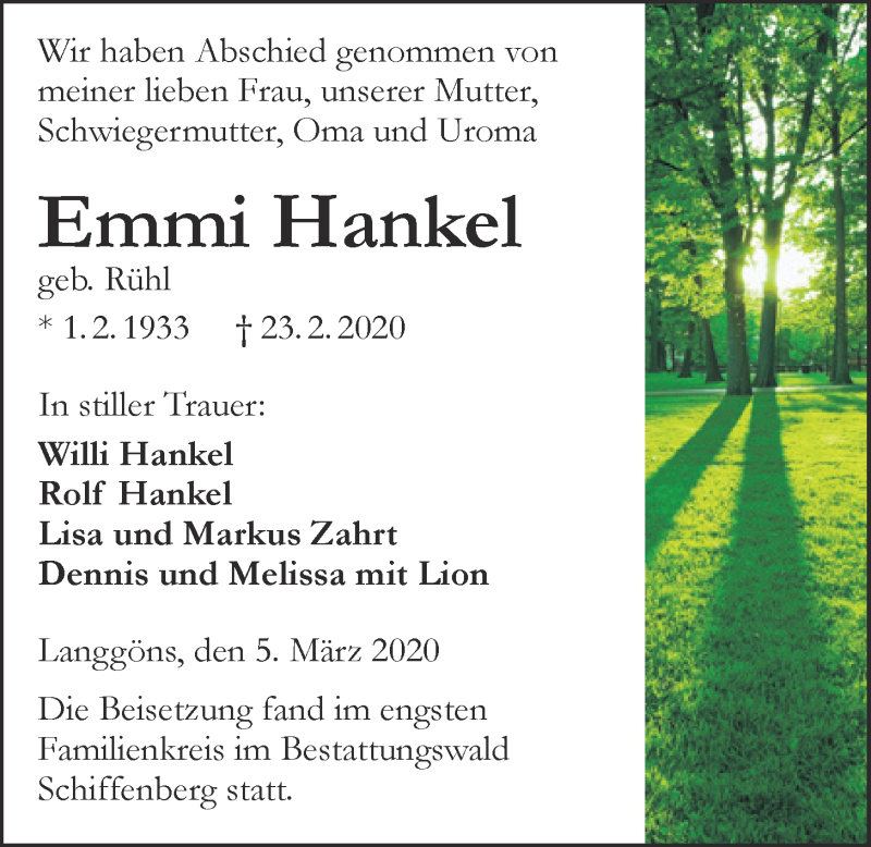  Traueranzeige für Emmi Hankel vom 05.03.2020 aus Giessener Allgemeine, Alsfelder Allgemeine