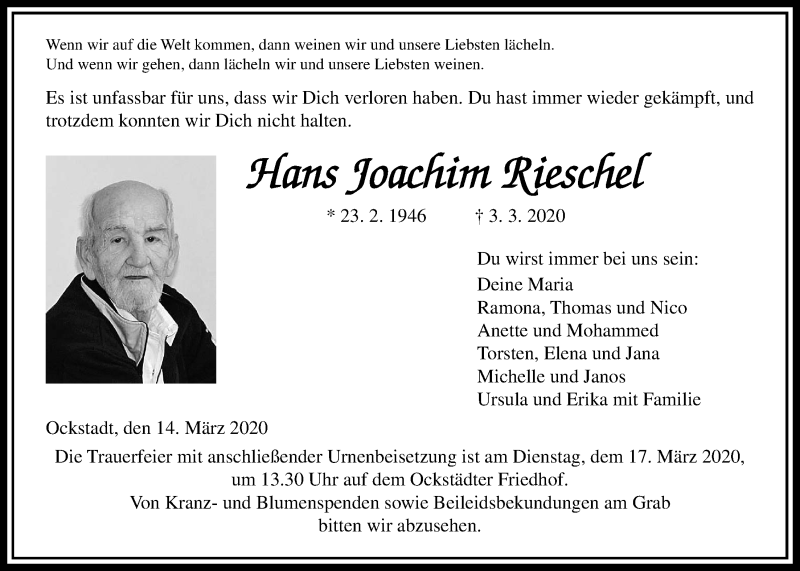  Traueranzeige für Hans Joachim Rieschel vom 14.03.2020 aus Wetterauer Zeitung