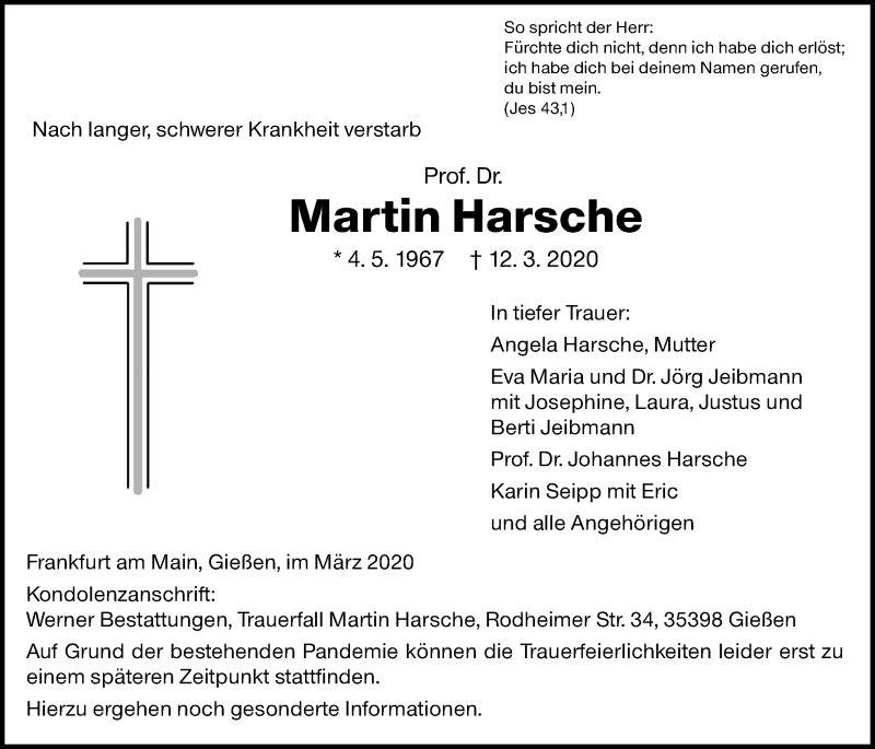  Traueranzeige für Martin Harsche vom 21.03.2020 aus Giessener Allgemeine, Alsfelder Allgemeine