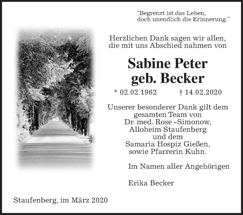  Traueranzeige für Sabine Peter vom 21.03.2020 aus Giessener Allgemeine, Alsfelder Allgemeine