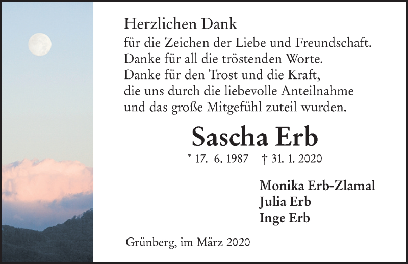  Traueranzeige für Sascha Erb vom 21.03.2020 aus Heimatzeitung Grünberg + Laubach