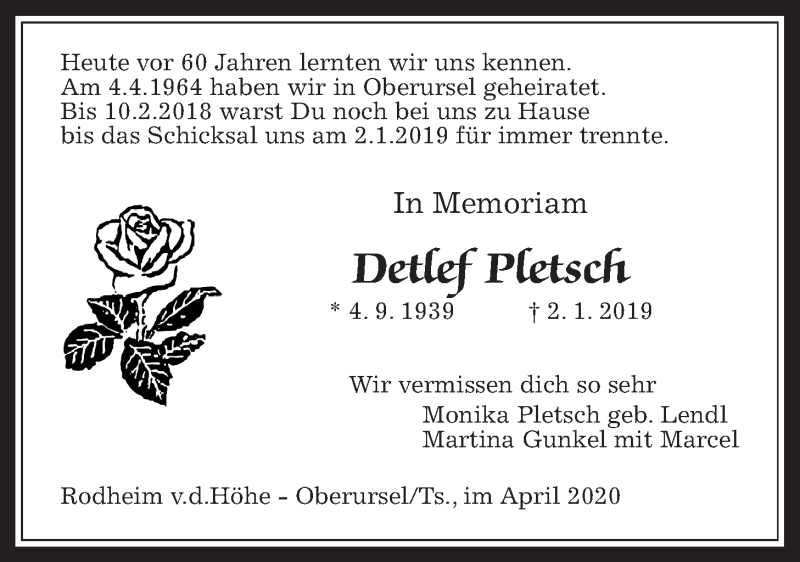  Traueranzeige für Detlef Pletsch vom 04.04.2020 aus Wetterauer Zeitung