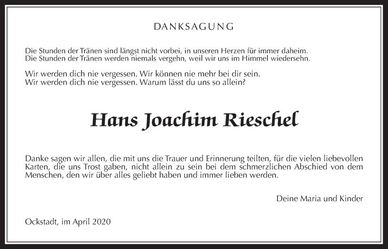  Traueranzeige für Hans Joachim Rieschel vom 04.04.2020 aus Wetterauer Zeitung