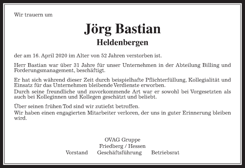  Traueranzeige für Jörg Bastian vom 25.04.2020 aus Wetterauer Zeitung