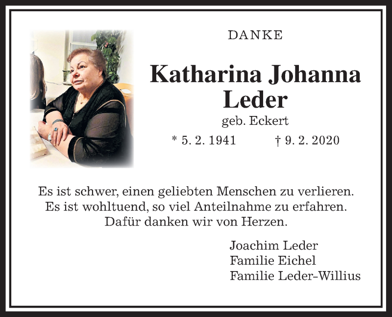  Traueranzeige für Katharina Johanna Leder vom 04.04.2020 aus Wetterauer Zeitung