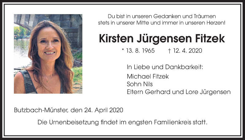  Traueranzeige für Kirsten Jürgensen Fitzek vom 24.04.2020 aus Wetterauer Zeitung