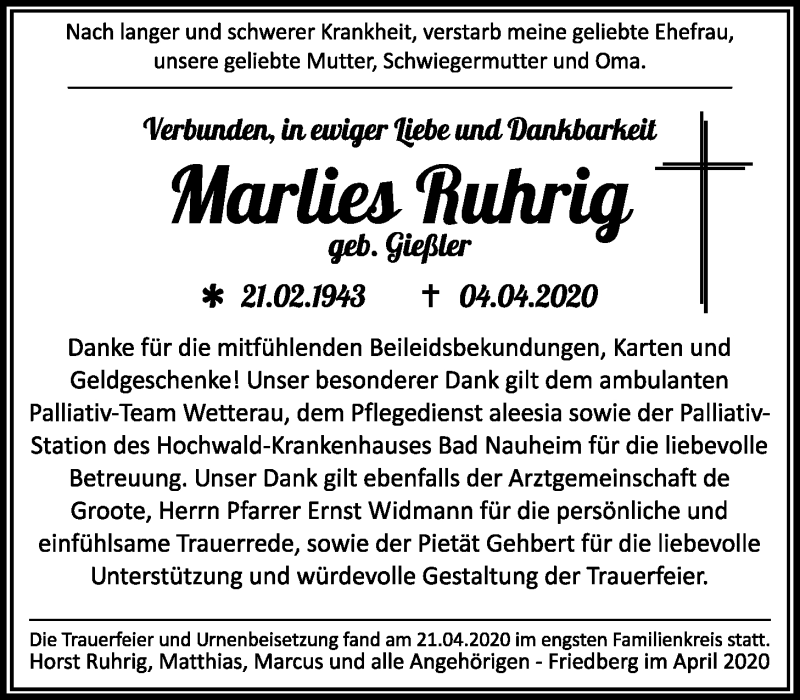  Traueranzeige für Marlies Ruhrig vom 25.04.2020 aus Wetterauer Zeitung