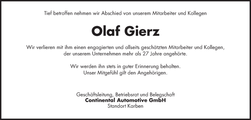  Traueranzeige für Olaf Gierz vom 25.04.2020 aus Wetterauer Zeitung