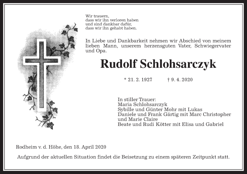  Traueranzeige für Rudolf Schlohsarczyk vom 18.04.2020 aus Wetterauer Zeitung