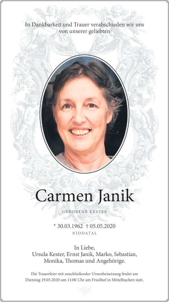  Traueranzeige für Carmen Janik vom 14.05.2020 aus Bad Vilbel/Karben