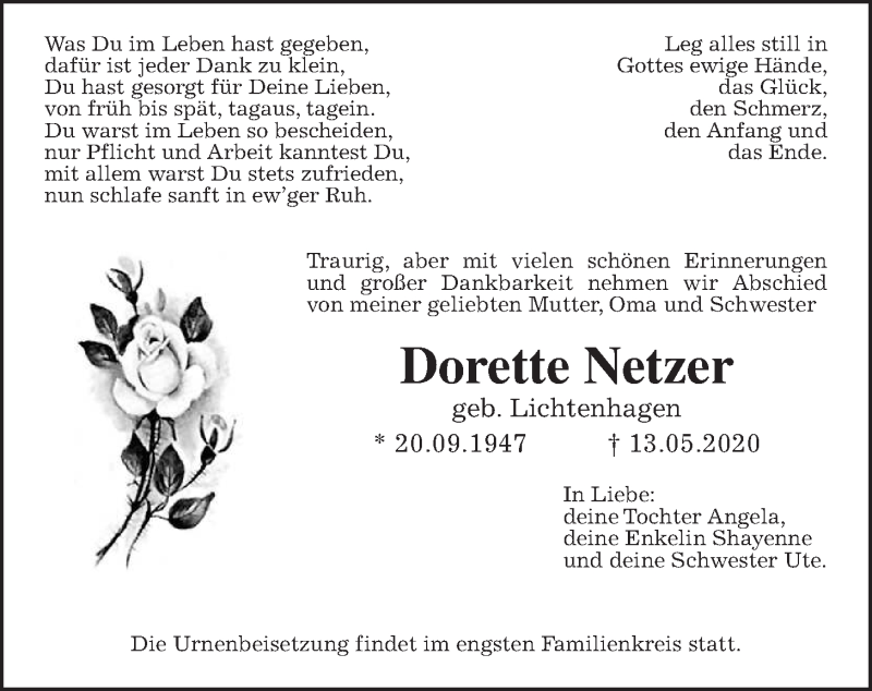  Traueranzeige für Dorette Netzer vom 27.05.2020 aus Wetterauer Zeitung
