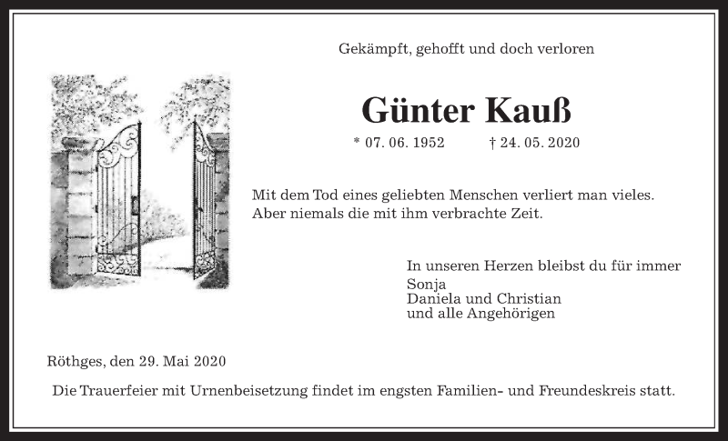  Traueranzeige für Günter Kauß vom 28.05.2020 aus Licher Wochenblatt