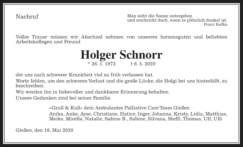  Traueranzeige für Holger Schnorr vom 16.05.2020 aus Giessener Allgemeine, Alsfelder Allgemeine
