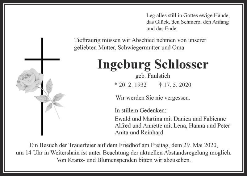  Traueranzeige für Ingeburg Schlosser vom 26.05.2020 aus Alsfelder Allgemeine