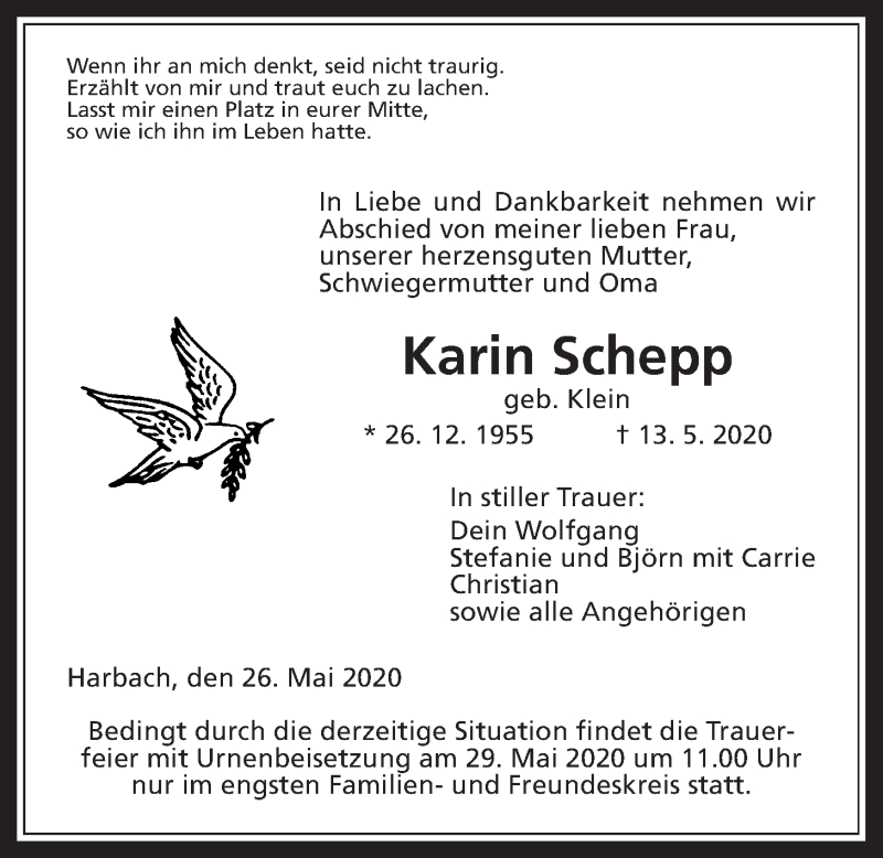  Traueranzeige für Karin Schepp vom 26.05.2020 aus Giessener Allgemeine, Alsfelder Allgemeine