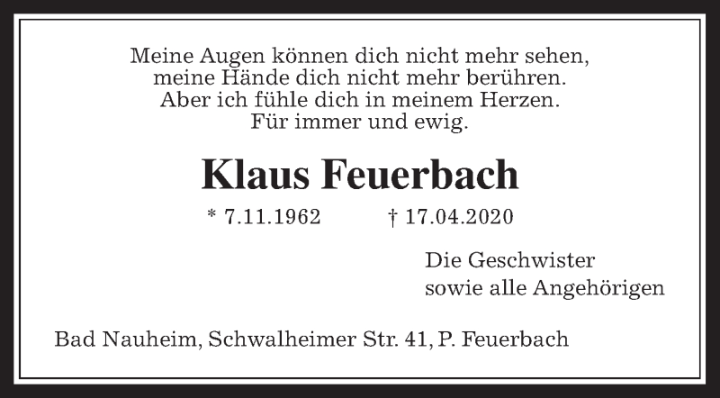  Traueranzeige für Klaus Feuerbach vom 02.05.2020 aus Wetterauer Zeitung