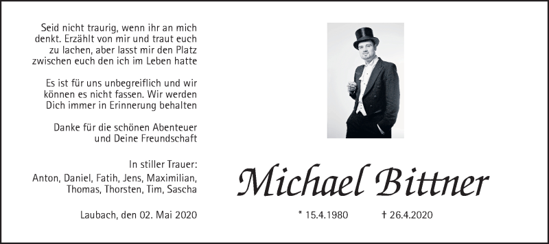  Traueranzeige für Michael Bittner vom 02.05.2020 aus Giessener Allgemeine, Alsfelder Allgemeine