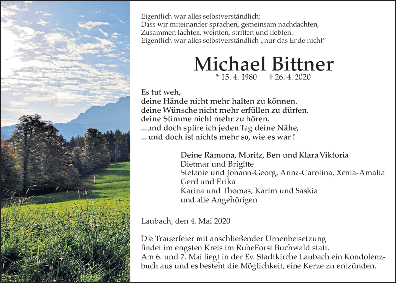  Traueranzeige für Michael Bittner vom 04.05.2020 aus Giessener Allgemeine, Alsfelder Allgemeine