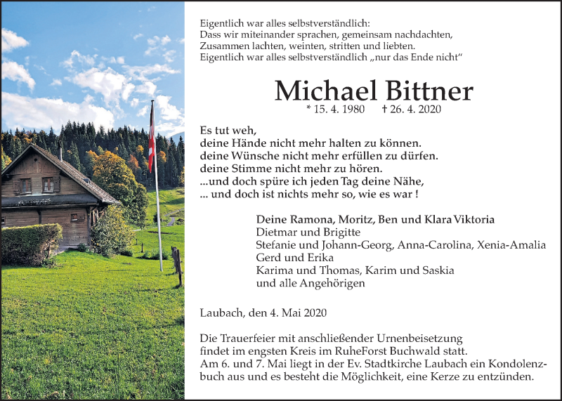  Traueranzeige für Michael Bittner vom 06.05.2020 aus Laubacher Anzeiger