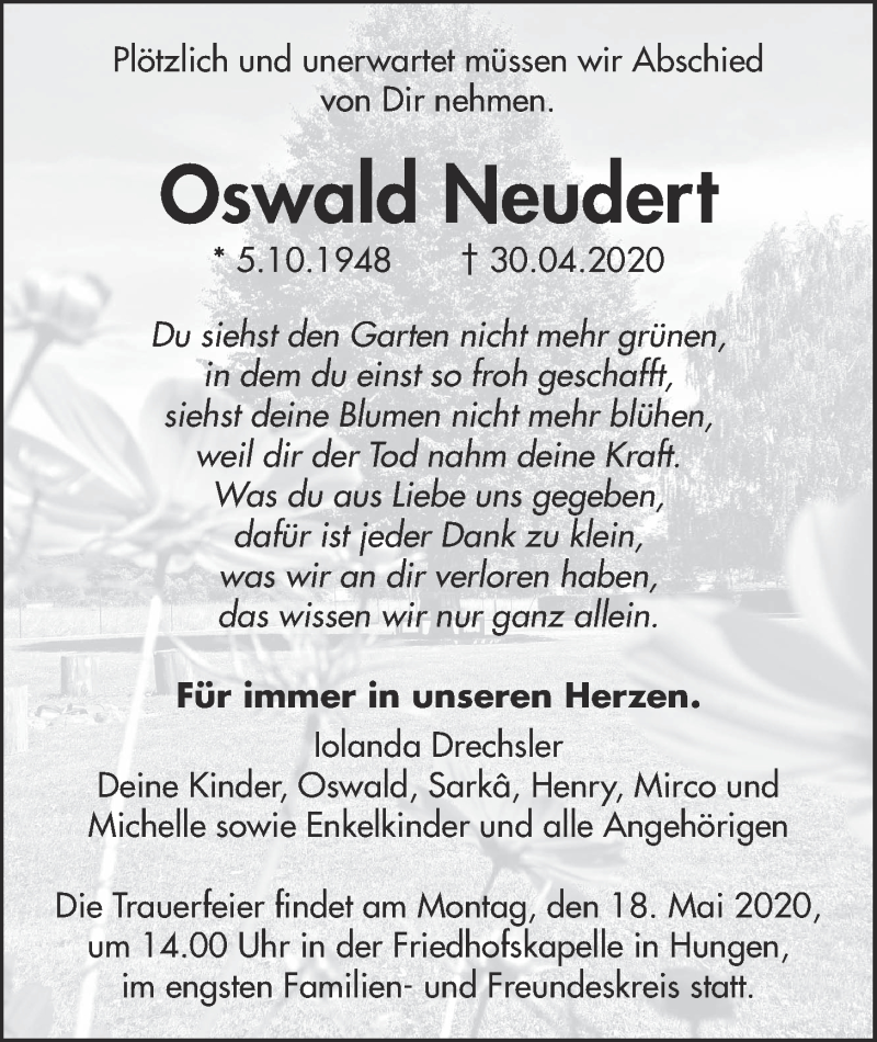  Traueranzeige für Oswald Neudert vom 14.05.2020 aus Licher Wochenblatt