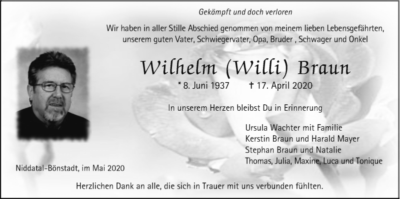  Traueranzeige für Wilhelm Braun vom 02.05.2020 aus Wetterauer Zeitung
