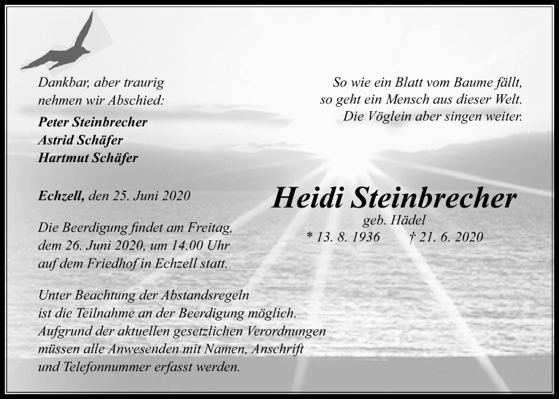  Traueranzeige für Heidi Steinbrecher vom 25.06.2020 aus Wetterauer Zeitung