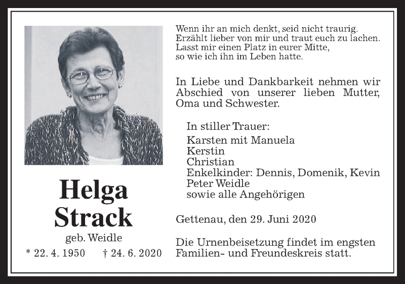  Traueranzeige für Helga Strack vom 29.06.2020 aus Wetterauer Zeitung