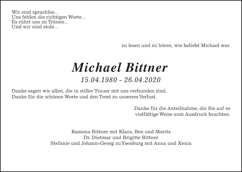  Traueranzeige für Michael Bittner vom 03.06.2020 aus Giessener Allgemeine, Alsfelder Allgemeine