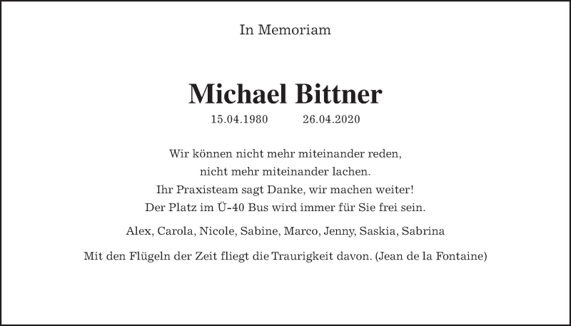  Traueranzeige für Michael Bittner vom 03.06.2020 aus Giessener Allgemeine, Alsfelder Allgemeine