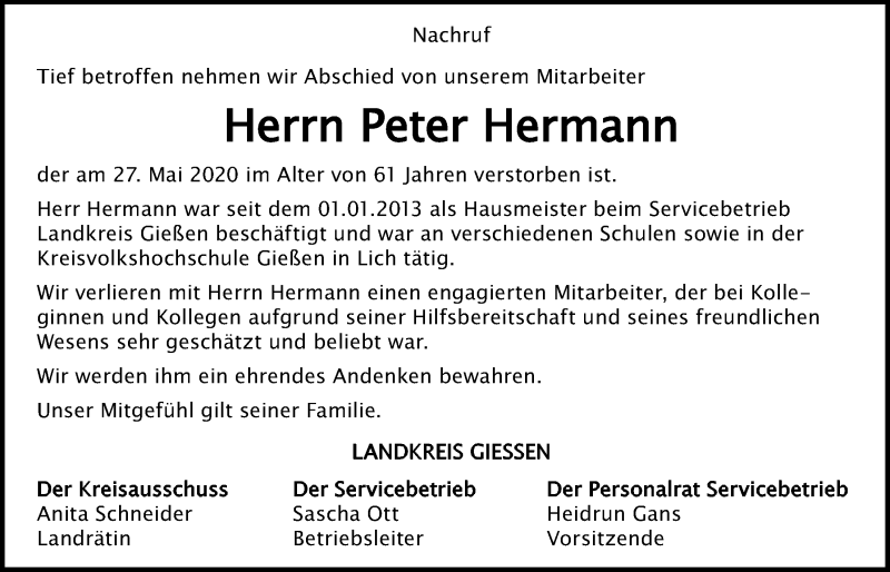  Traueranzeige für Peter Hermann vom 12.06.2020 aus Giessener Allgemeine, Alsfelder Allgemeine