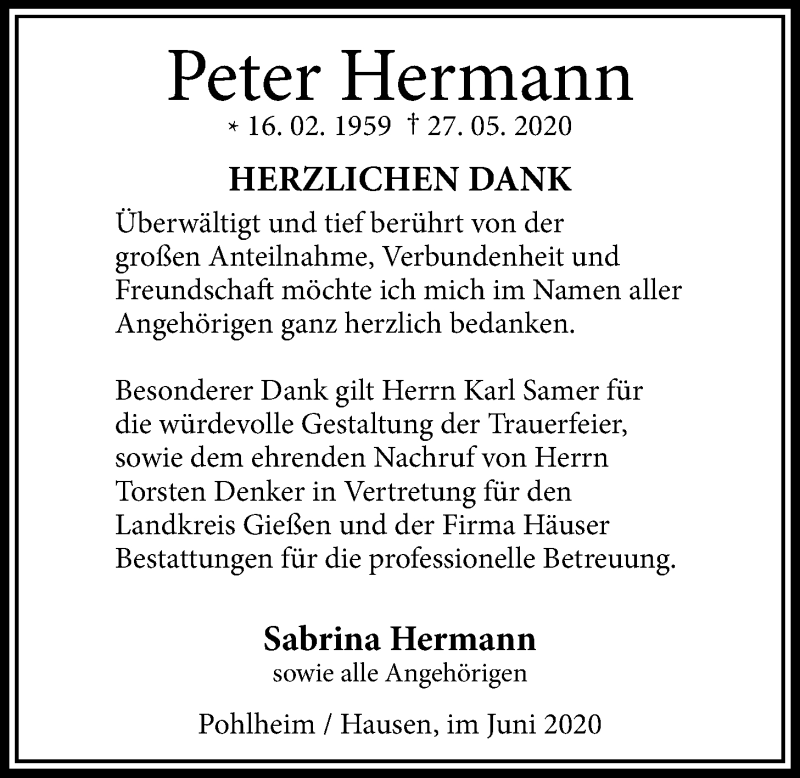  Traueranzeige für Peter Hermann vom 27.06.2020 aus Pohlheimer Nachrichten