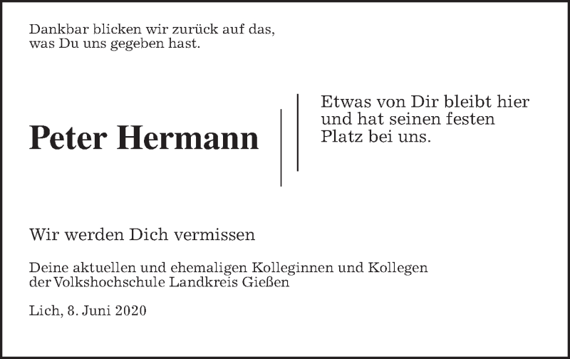  Traueranzeige für Peter Hermann vom 08.06.2020 aus Wetterauer Zeitung, Giessener Allgemeine, Alsfelder Allgemeine