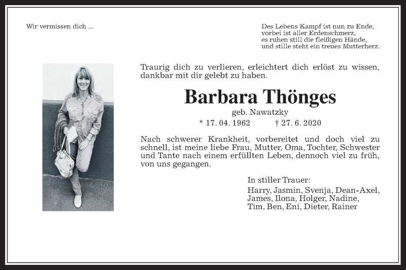  Traueranzeige für Barbara Thönges vom 11.07.2020 aus Wetterauer Zeitung